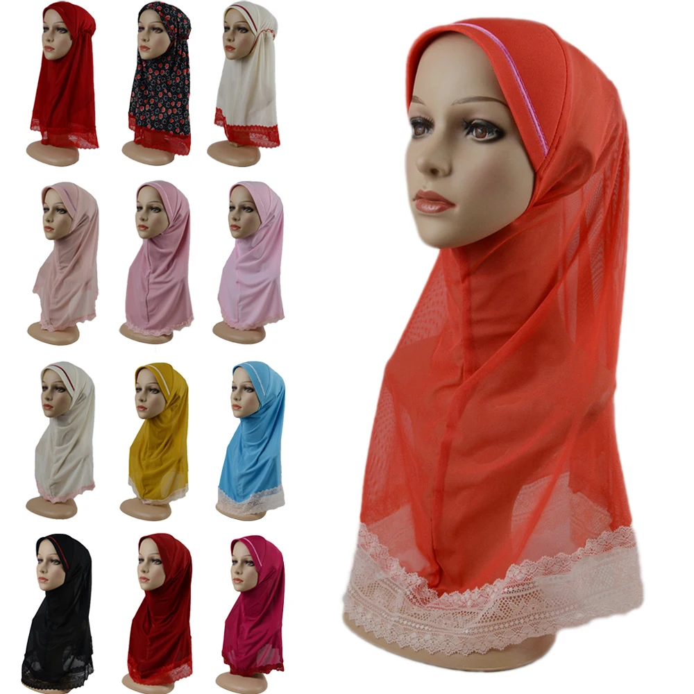 Big Girls Soft Net Lace Muslim Scarf Islam Hijab Hat Amira Pull On Headwrap Beautiful for 6-12 Years Girl Scarf Plain Headscarf