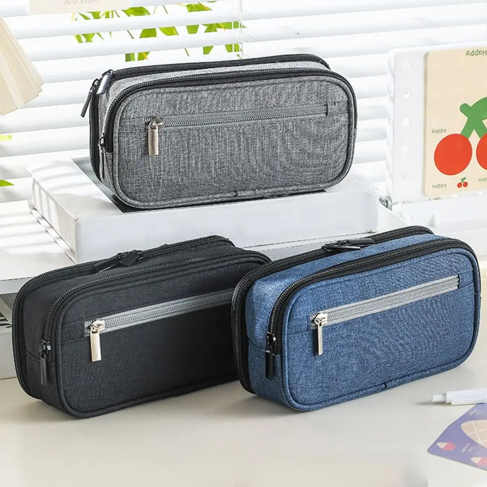 

Gift Solid Color Pencil Case 3 Layers Large Capacity Pen Organizer Pouch Zipper Closure Durable Stationery Organizer Office Use