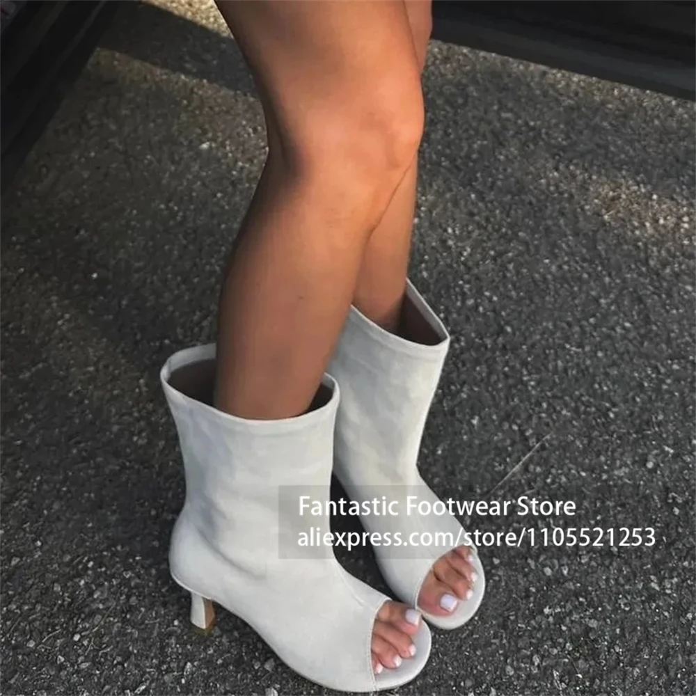 Suede Peep Toe Stiletto Sandal Boots Open Round Toe Slip on Ankle Boots for Summer Sexy Style Handmade Women Booties Customized