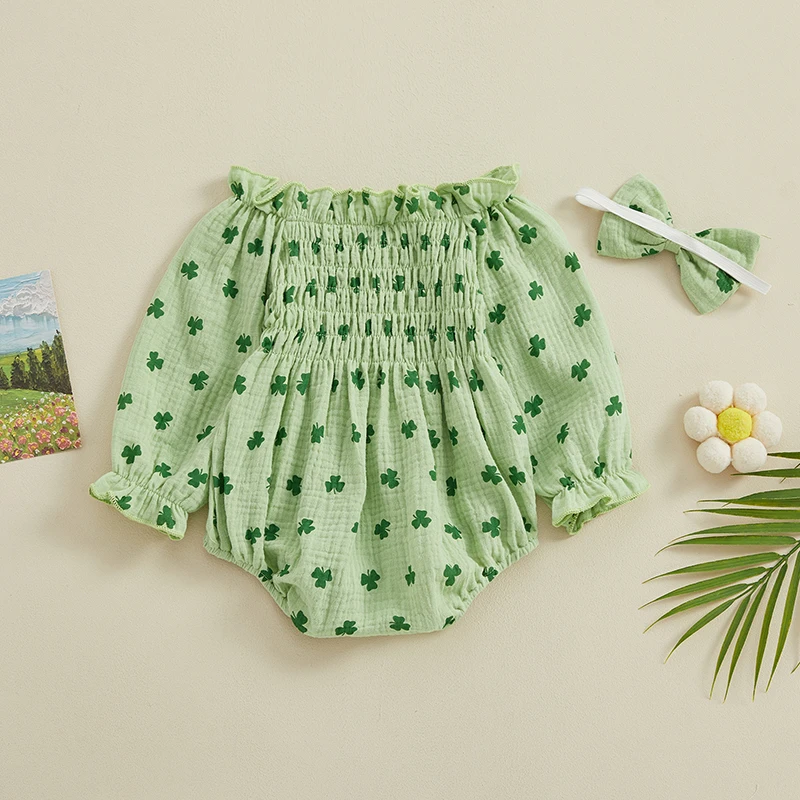 Yenidoğan kız St Patricks gün Bodysuits kıyafet uzun kollu kapalı omuz Hairband ile Shamrock baskı Romper bebek tulumları