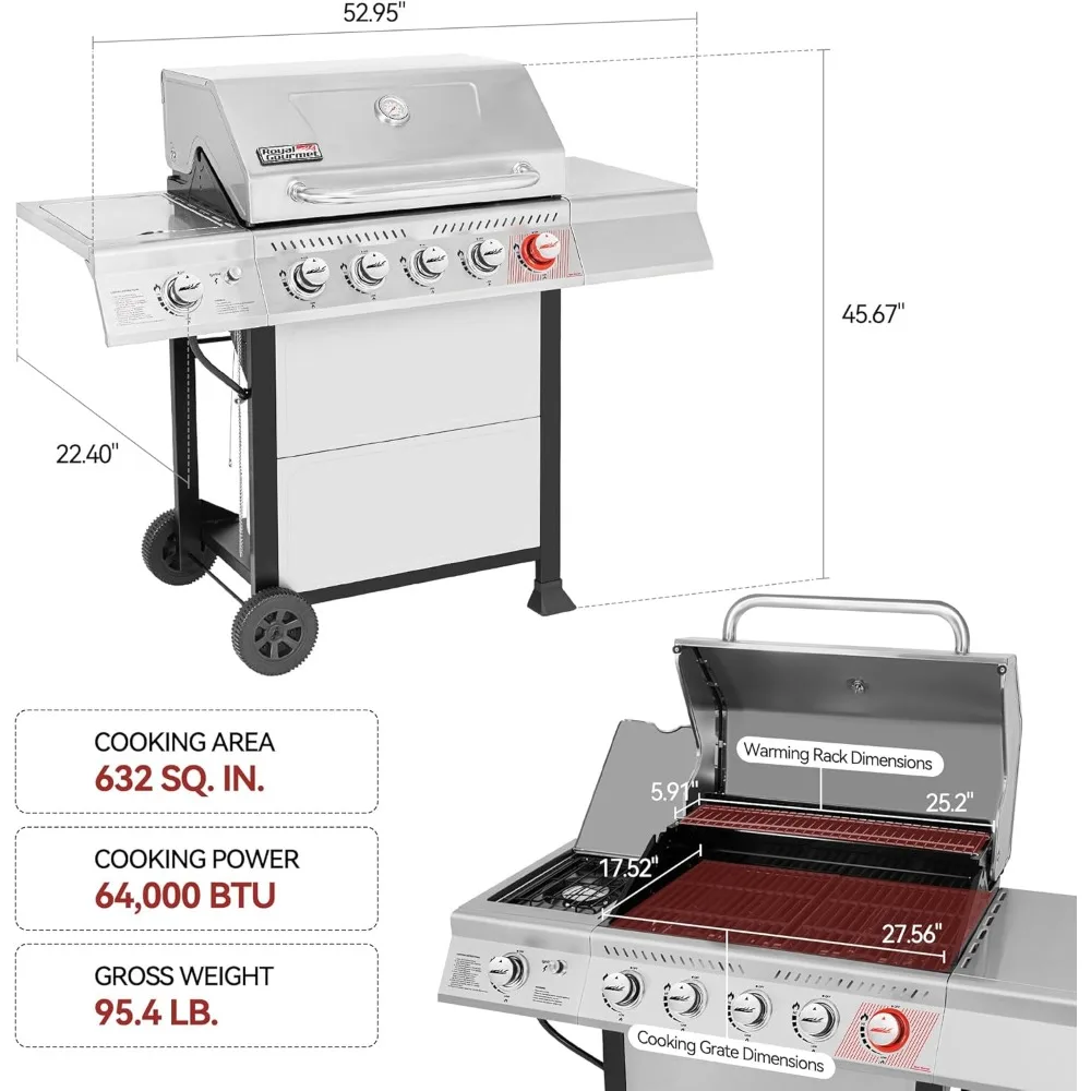 GA5401T 5-Burner BBQ Propane Grill with Sear Burner and Side Burner, Stainless Steel Barbecue Gas Grill for Outdoor Patio