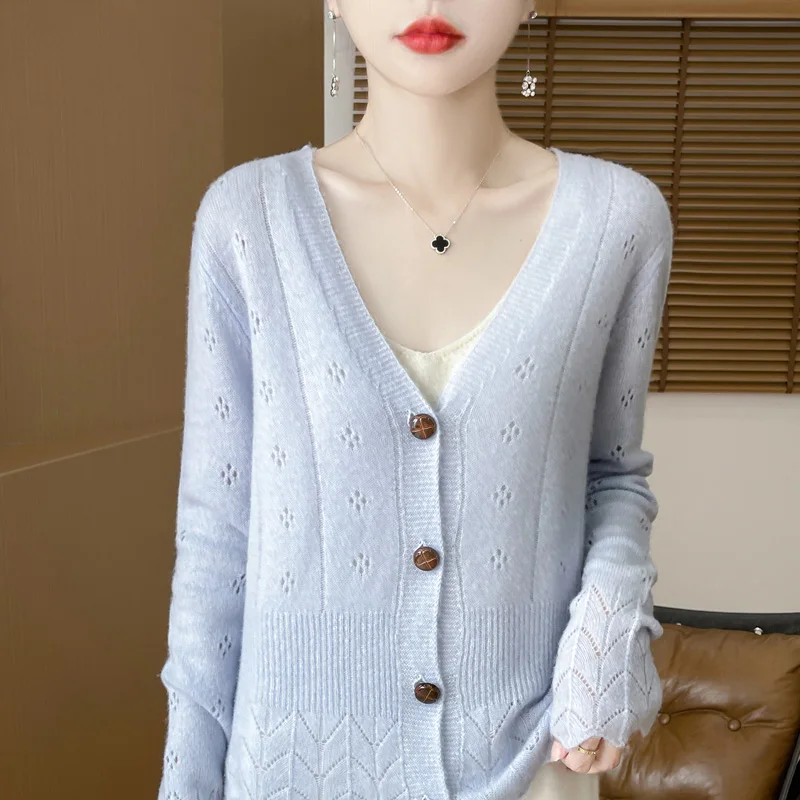 Spring and Autumn New Women's Clothing 100% Merino Wool V-neck Knitted Cardigan Fashionable Threaded Hollow Long Sleeve Tops