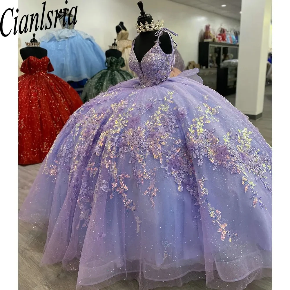 Lilac Shiny Crystal Beading Spaghetti Strap Ball Gown Quinceanera Dresses Sequined Appliques Bow Corset Vestidos De 15 Años