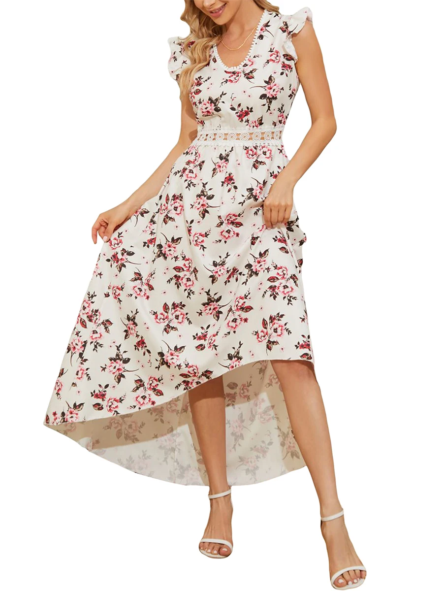 

Women Long Dress Elegant Fly Sleeve V-neck Flower Print Summer Swing Dress for Casual Party