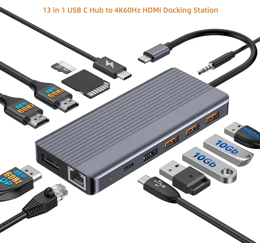 13 in 1 USB C Hub to 4K60Hz -Compatible DP USB 3.2 Hub Ethernet PD 100W Adapter Docking Station  MacBook Air Pro