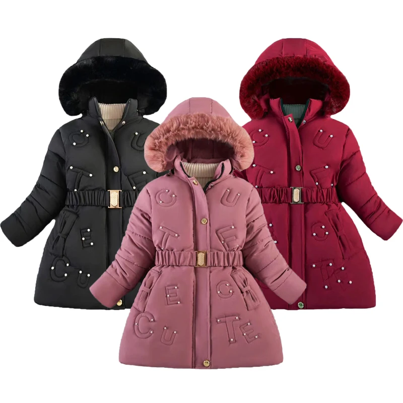 

4-12Y Teen Girls Jacket Solid Color Pearl Letter Print Lining Plush Long Hooded Coats For Girls Thick Warm Down Cotton Snowsuit