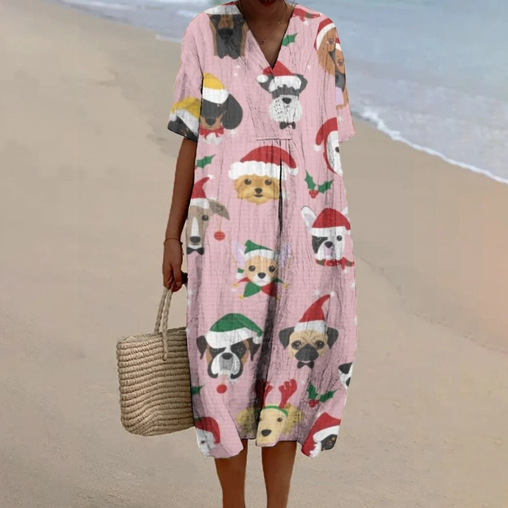 Pink Christmas Puppy Printed Dress V-Neck Chic Casual Straight Beach Dress Short Sleeve Loose High Quality New Designer Clothing