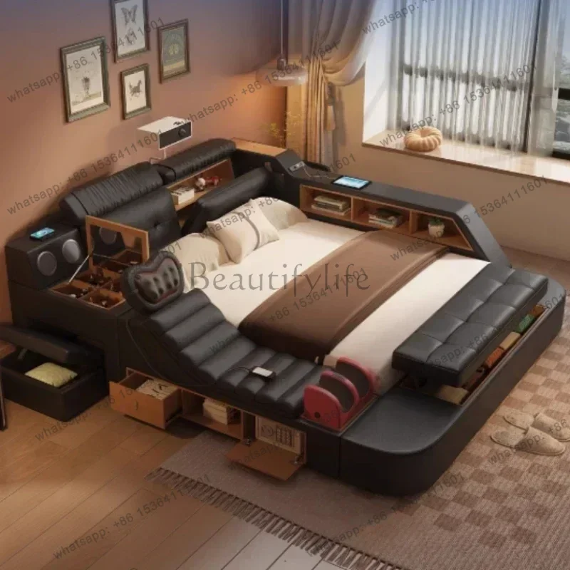 zj.Black King Size Frame Double Bed With Drawers Storage Multifunction Massage Bed Storage Modern For Camas De Dormitorio Furnit