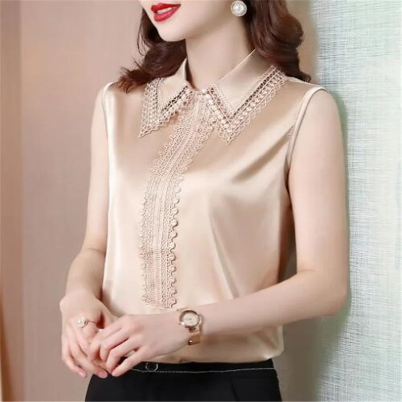 Satin Sleeveless Shirt for Women\'s Bloses Sleveless Summer Top Woman Pullover Lace Hollowed Out Blous Grace Silk Female Shirts