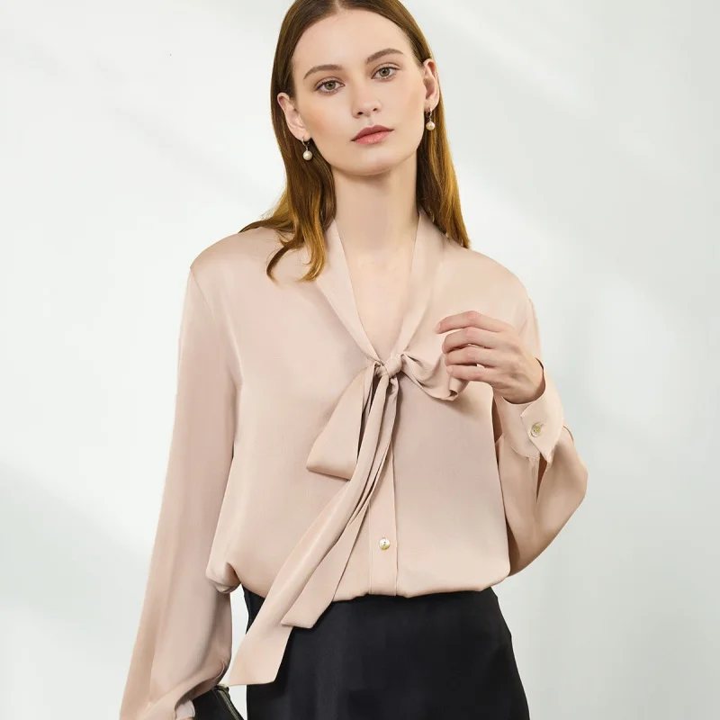 Birdtree, OEKO-TEX, 90% Silk Ribbon Blouse, Women Full Sleeve Tops, Commuting, Single Breasted, 2025 Autumn Shirt T5D206JF