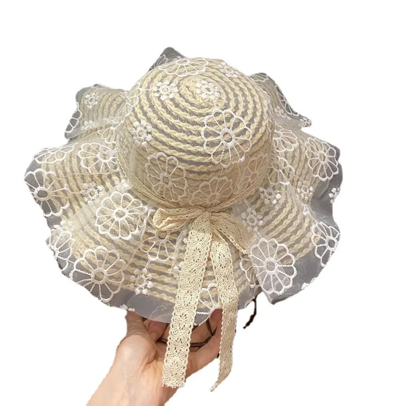 Sombrero de paja para niños, sombrero de cubo de encaje de ala grande, sombrero de Sol de paja de playa de Panamá, plegable, para playa de bebé