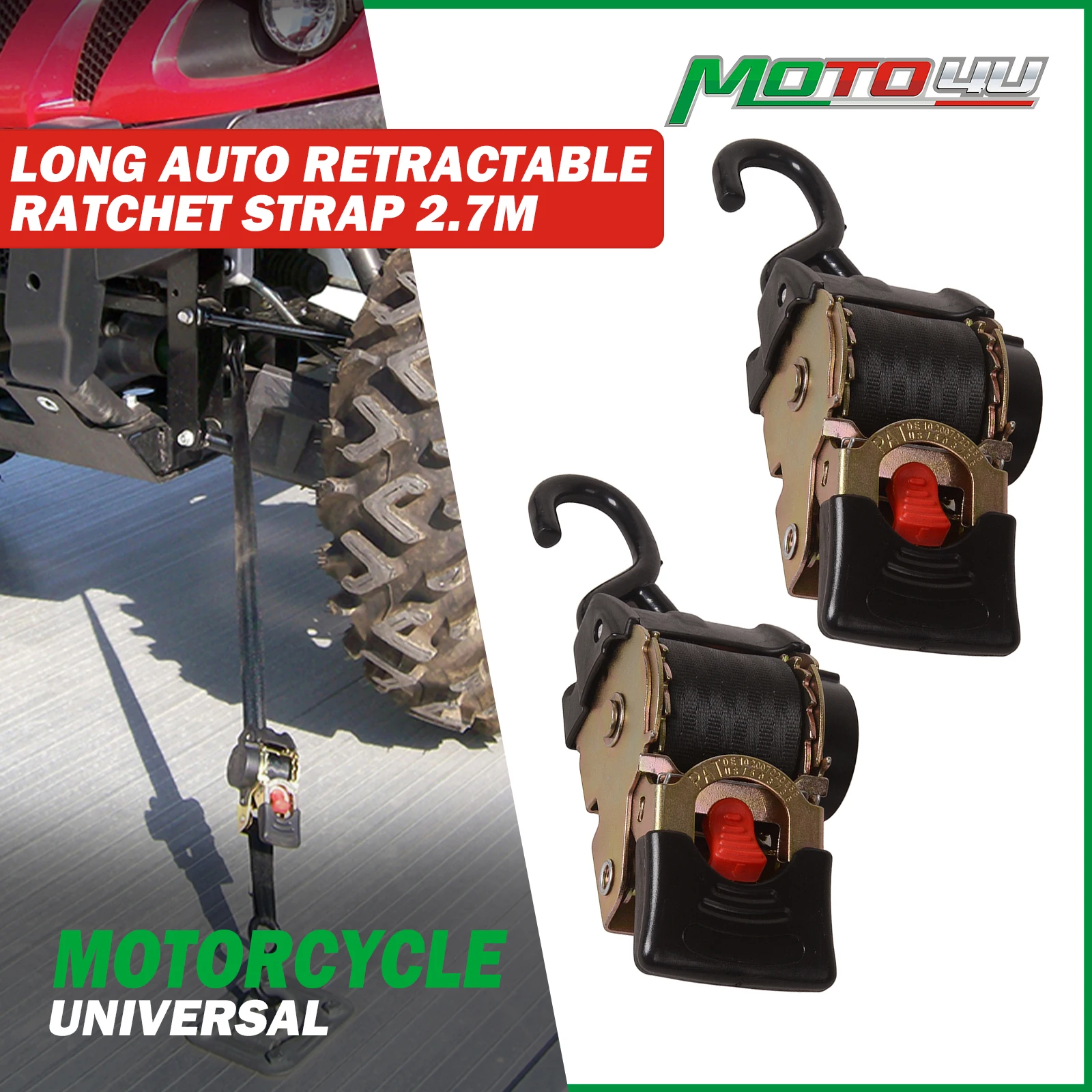 

2pcs 2.7M Long Single S-hook Auto Retractable Ratchet Strap Fixed Motorcycle Tie Down Cargo Lashing Easy To Carry Ratchet