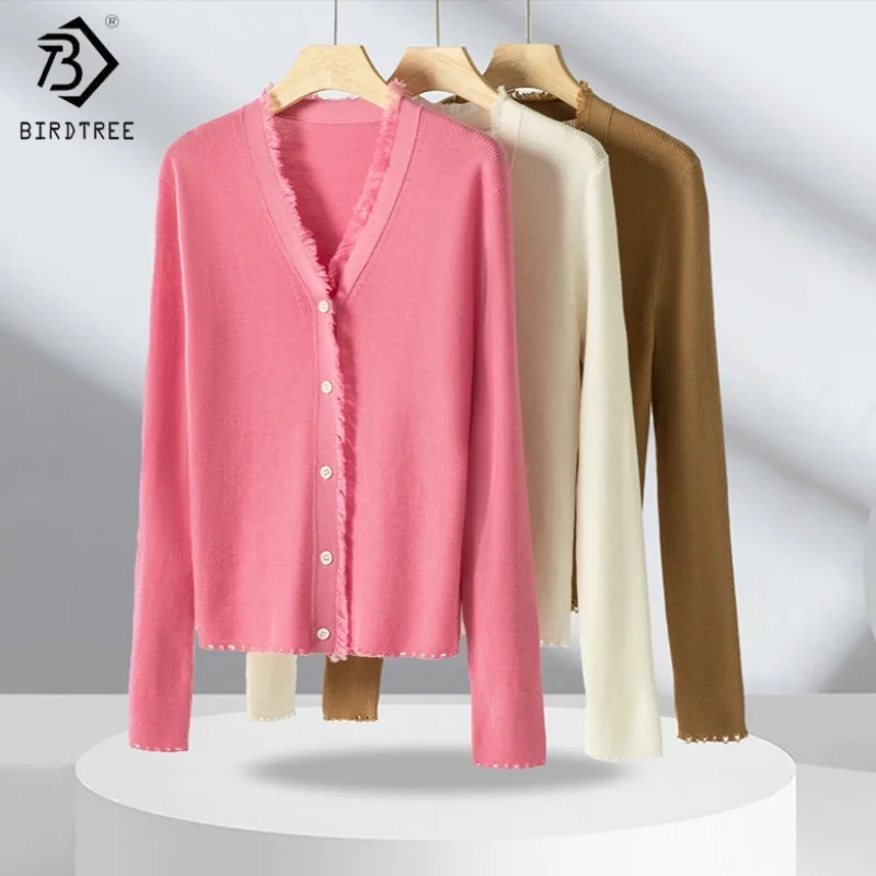 

Birdtree,100% Sheep Wool Knitted Cardigan,Woman Tassel V-neck Tops,Single Breasted,2025 Autumn Winter Coat,White,Pink T5N602JF