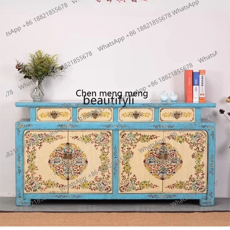 ss8350 Chinese solid wood furniture custom hand-painted dining side entrance cabinet antique and old warped head cabinet