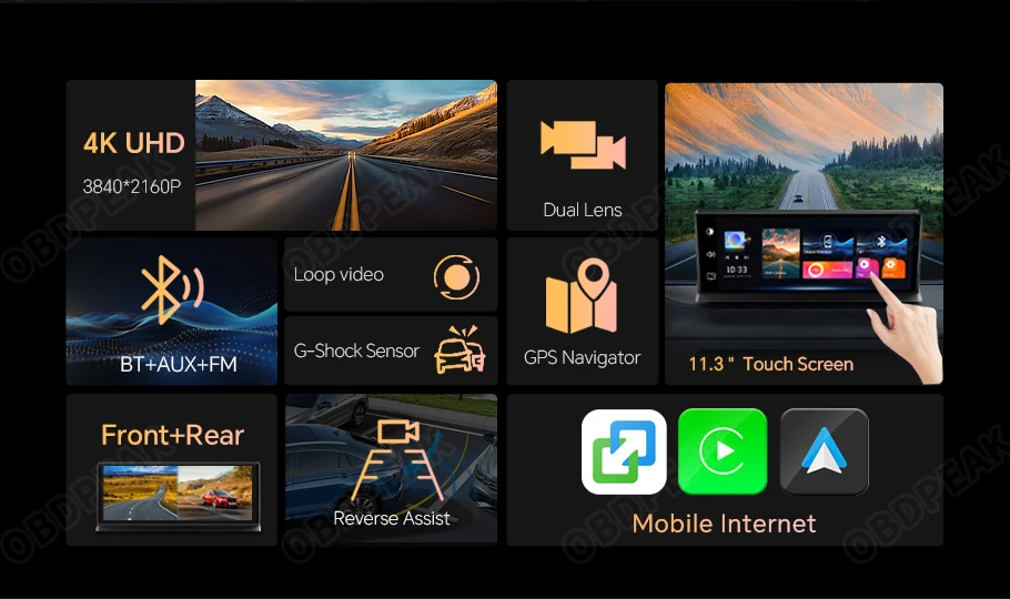 K2 Pro 11.3" Dash Cam 4K 2160P Car DVR Recording Carplay & Android Auto Wireless Connection 5G WiFi GPS Navigation Dashboard