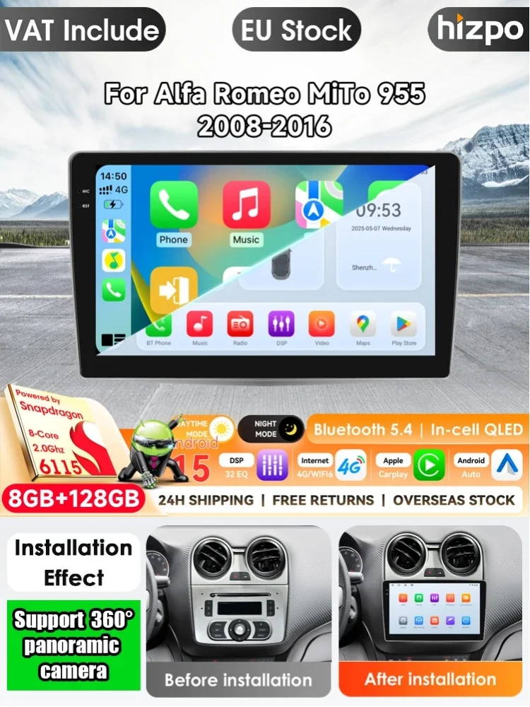 Hizpo 9 Zoll Carplay 4G LTE WIFI 2 Din Android Autoradio Multimedia-Player für Alfa Romeo MiTo 955 2008-2016 Kabelloses CarPlay Android Auto GPS-Navigation Autoradio mit Snapdragon 6115 Bluetooth 5.4