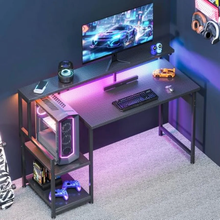 Gaming Desk with LED Lights CPU Stand for home office use, made of engineered wood in black, featuring customizable RGB lightin