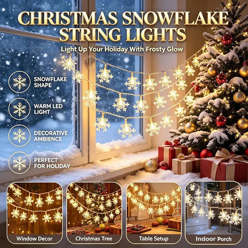 1.5m/3m/6m Snowflake Christmas String Lights, Battery Operated Warm LED Lights for New Year Party Bedroom Xmas Tree Ornaments