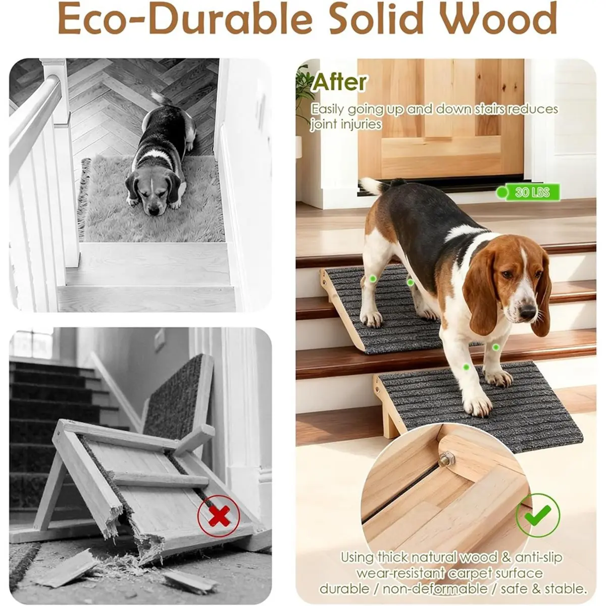 2026 Trend Foldable Dog Ramp for Stairs - -Safe Wooden Pet Steps with Low-Angled Design & Anti-Slip Carpet-