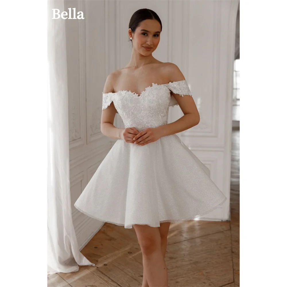 

Bella White Lace Embroidery robes de soirée Off the Shoulder A-line Prom Dresses Elegant Sleeveless Short Wedding Dress 2024