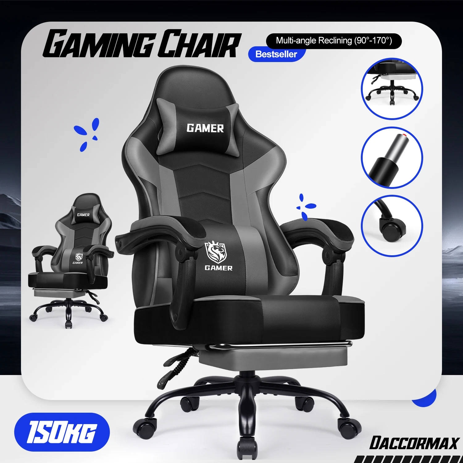 Daccormax 170 ° Chaise de jeu inclinable avec repose-pieds rétractable, chaise de bureau ergonomique avec soutien lombaire et oreiller appui-tête