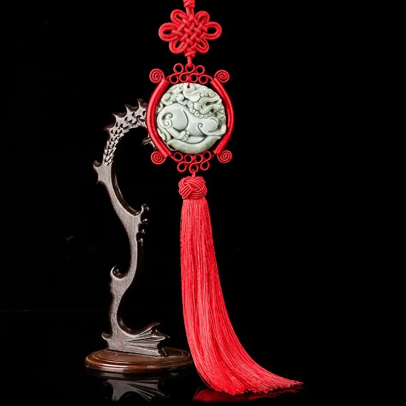 Natural Grade A Jade Jadeite Pixiu Men Women Red String Braided Lucky Knot Tassel Car Pendant