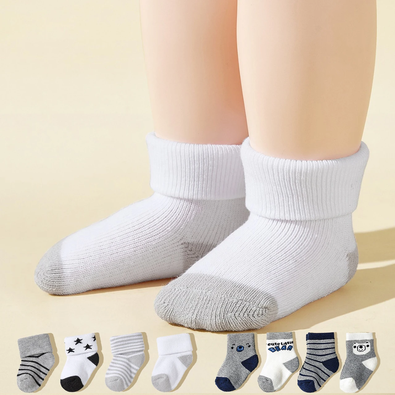 4Pairs Winter Warm Baby Terry Socks Cartoon Bear Kids Middle Tube Sock Fashion Stripe Thicken Plush Socks 0-1Year Kids Footwear