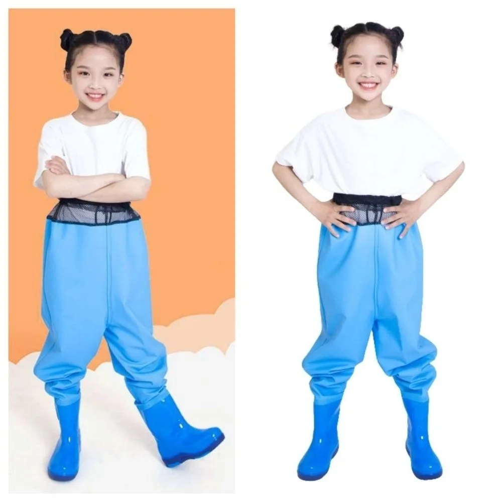pvc-子供用レインパンツブーツ半身洪水対策子供用レインコートジャンプスーツ防水厚手パンツレインブーツ付き釣り用