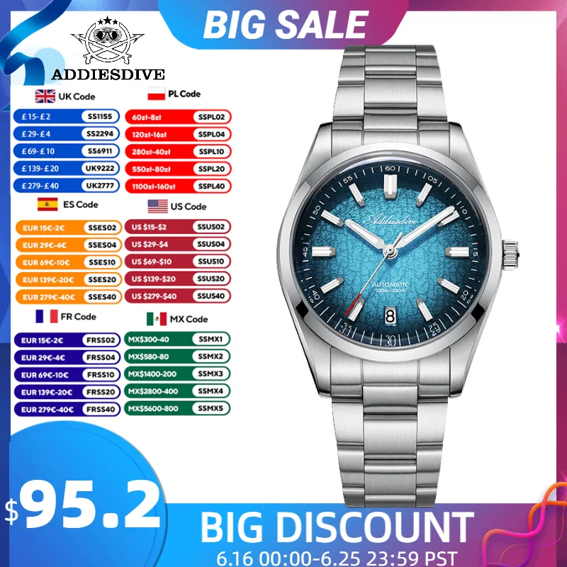 

ADDIESDIVE Automatic Watch Men 39mm Gradient Design Diving 100m Waterproodf AR Coated Domed Glass Luminous NH35 Mechanical New