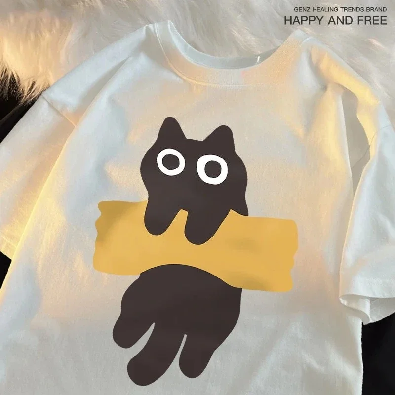 

Fun Adhesive Tape Cat Print Japanese Style Short Sleeve Men Women Cotton Oversized T-Shirts Oversized O-Neck New Tops Tees