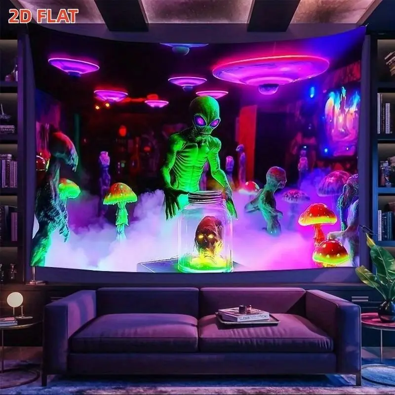 VIKAMA Psychedelic Alien UFO Tapestry Neon Mushroom Polyester Wall Hanging Bedroom Dorm Living Room Aesthetic Room Decor Soft