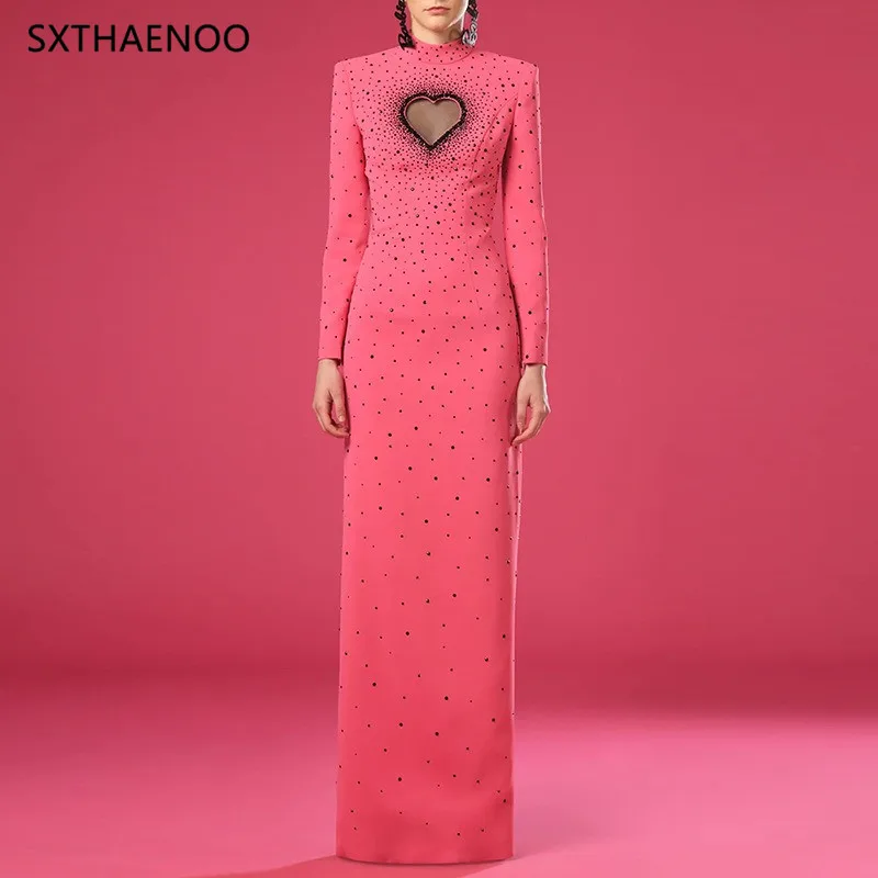 SXTHAENOO Heavy Industries Diamond Velvet vloerlengte jurk dames lange mouw elegante formele beroemdheid avondfeestjurken