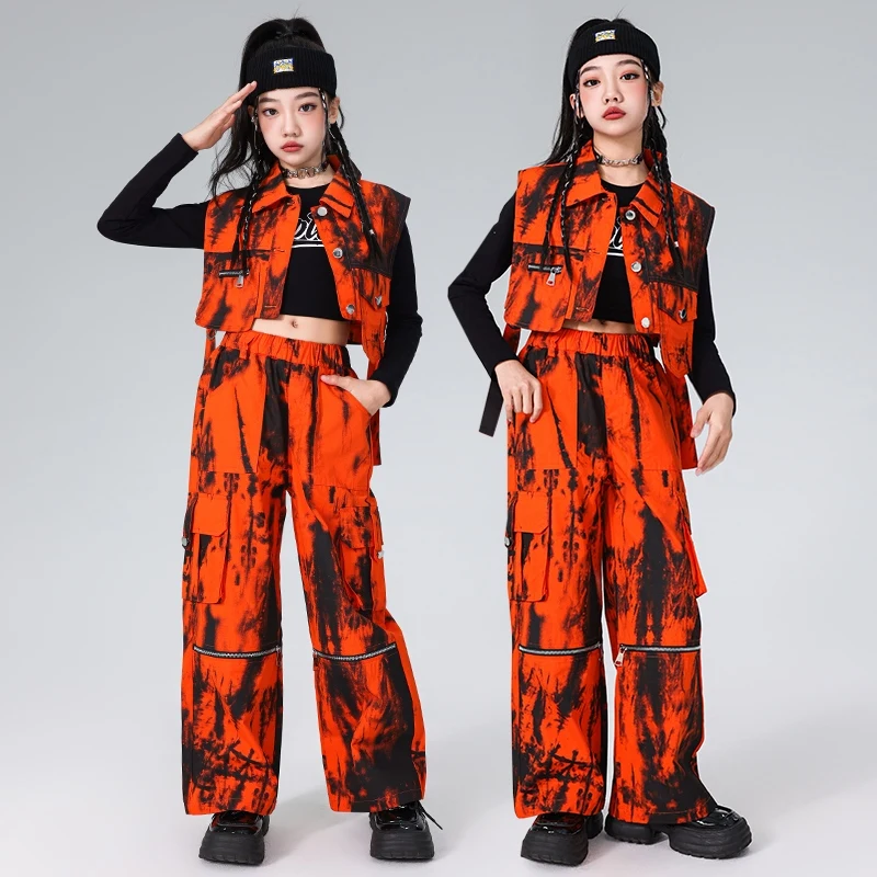 Costumes de danse jazz moderne pour filles, pantalons glacés orange, streetwear imbibé, vêtements de performance hip hop pour enfants, DQS17989, nouveau, 2024