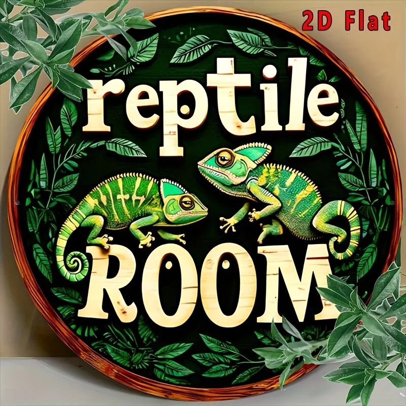 2D Flat, 1pc Vintage Reptile Room Metal Wall Art Sign - Funny Cartoon Aluminum Plaque with Vibrant Lizard Design, 8X8 Inch Round