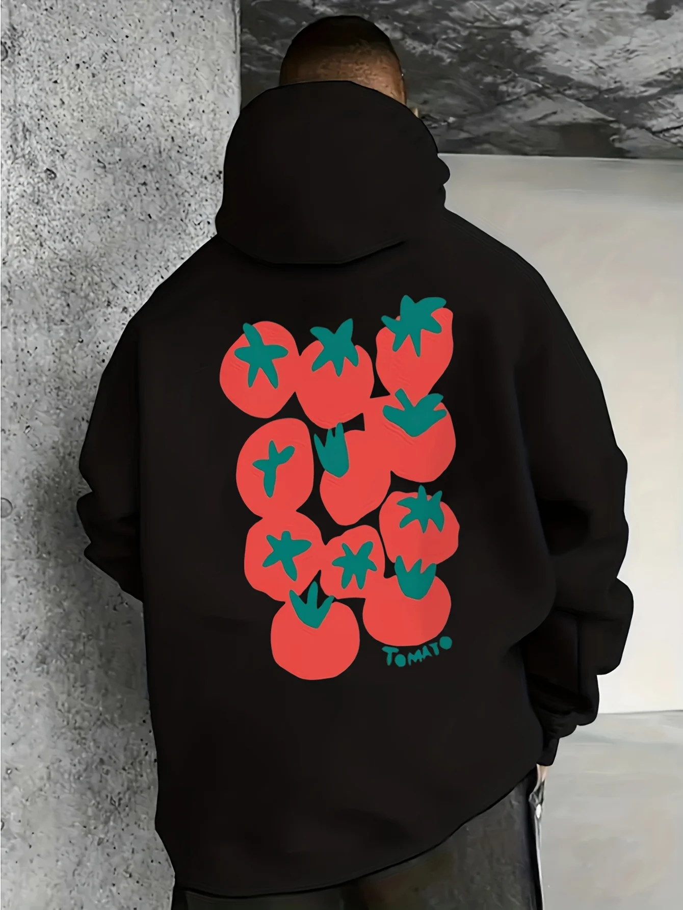 Men's Oversized Casual Hoodie with Tomato Print, Long-Sleeve Pullover Sweatshirt, Suitable for Casual Wear, Machine Washable, Tomato-Themed Cool Weather Outfit