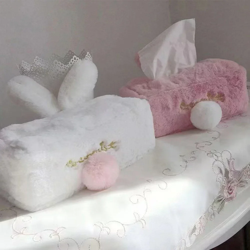 Kawaii Tissue Cover Cute Pink Plush Rabbit Tissues Storage Box Girls Gift Home Decoration Gift Toilet Paper Holder Napkin Case