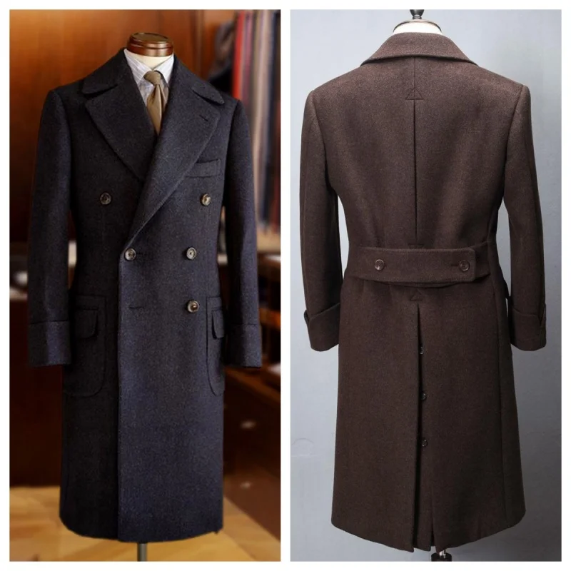 

Brown Coat Mid-Length Business-Style Wool Blend Formal Suit Jacket Men's Double-Breasted Vintage-Style Thick Coat