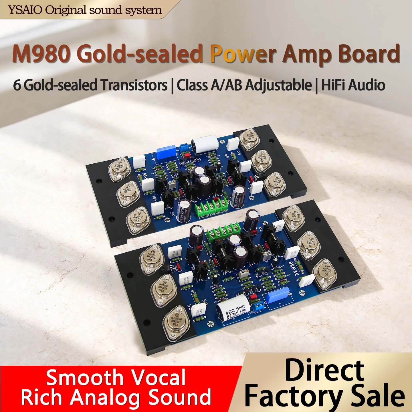 M980 Audiophile Power Amplifier Board Hifi Gold-Sealed Pure Power Amplifier Finished Board 6-Transistor Class a Class A/B High Power