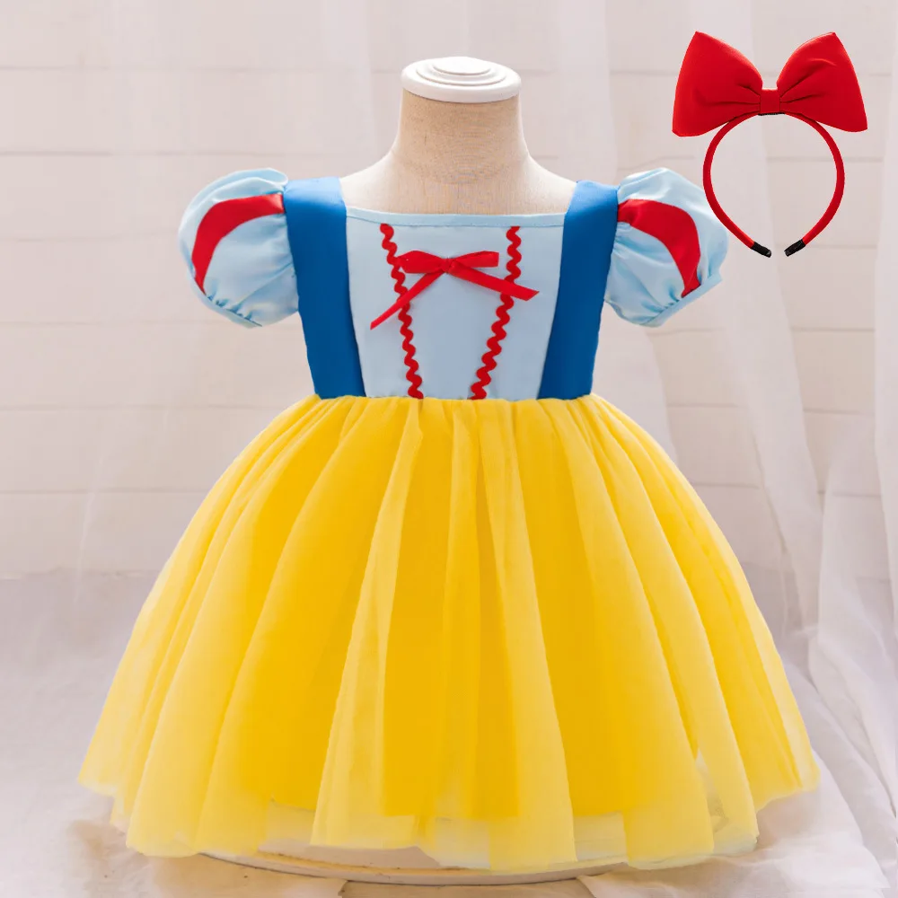 N62 Sweet Memory Snow White Dress Bubble Sleeve Mesh Tutu Birthday Gowns Flower Girl Dresses Children's Performance Clothes