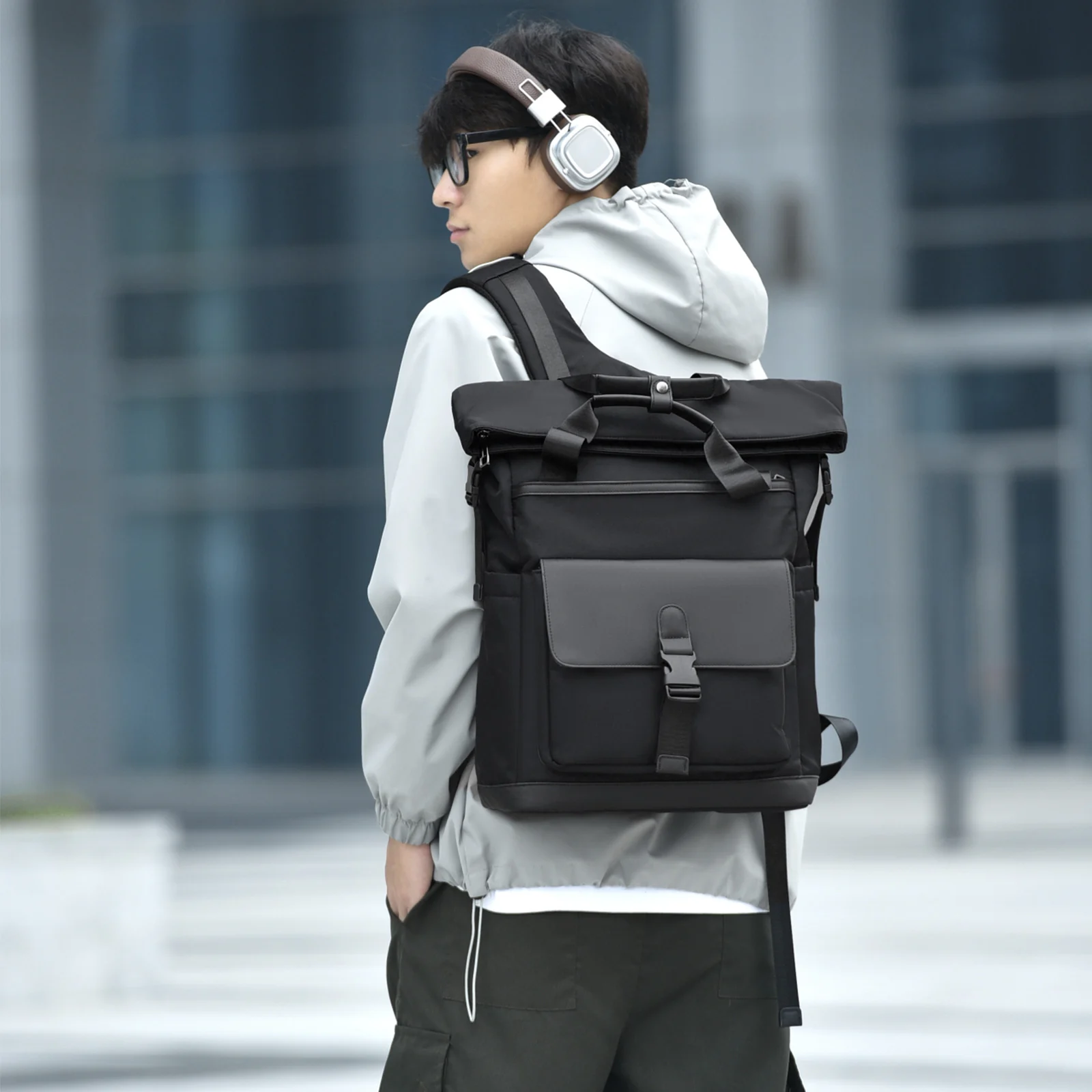 16in Waterproof Roll Top Laptop Backpack, Large Capacity Travel Backpack with Luggage Sleeve, Casual Daypack for Work Commuting