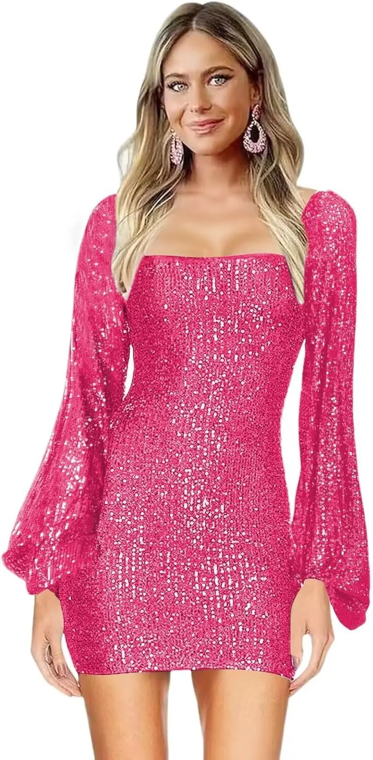 

2025 Long Sleeve Homecoming Dress Short Sequin Sparkly Mini Prom Cocktail Graduation Party above Knee Gown for Women