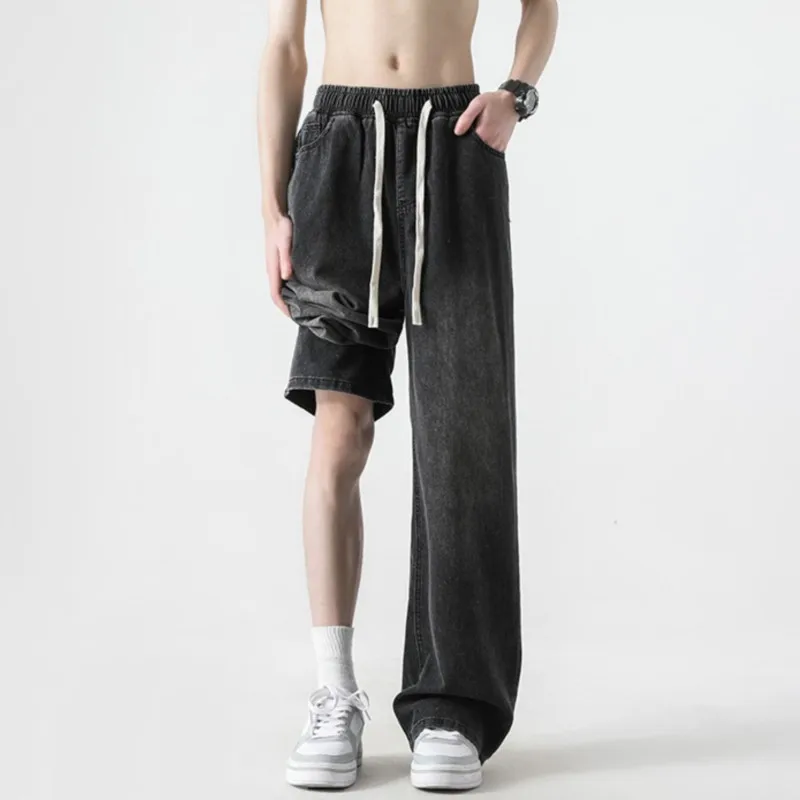 

Летние легкие джинсы, мужские свободные брюки, прямые потертые повседневные джинсы с эластичной резинкой на талии, удобные модные джинсовые брюки