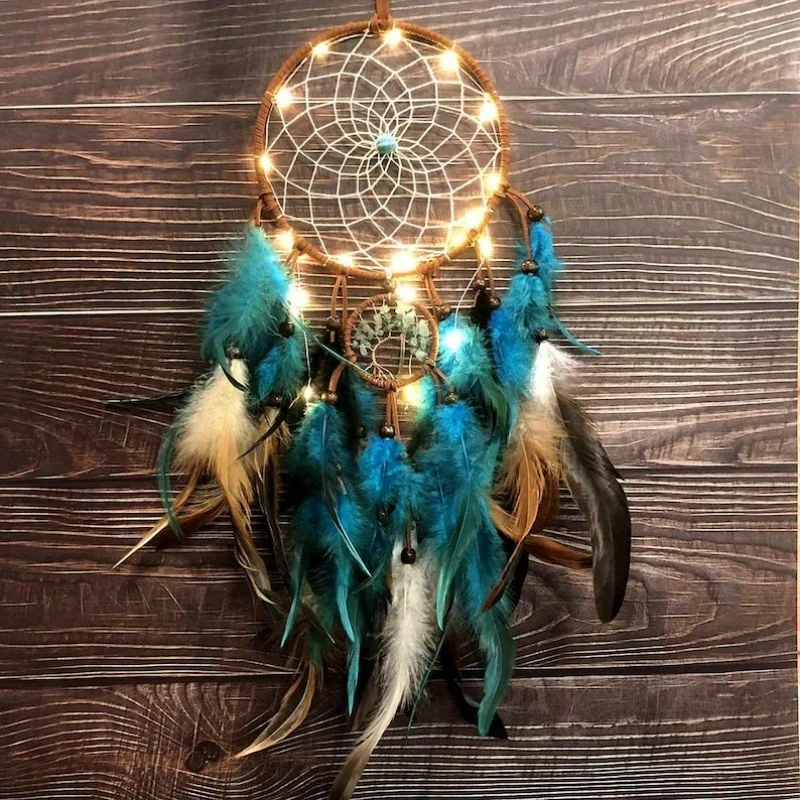 1PC Blue Life Tree Dream Catcher Net, Handmade Dream Catcher with Feathers and Fairy Tale Lights, Wall Mounted Decorative