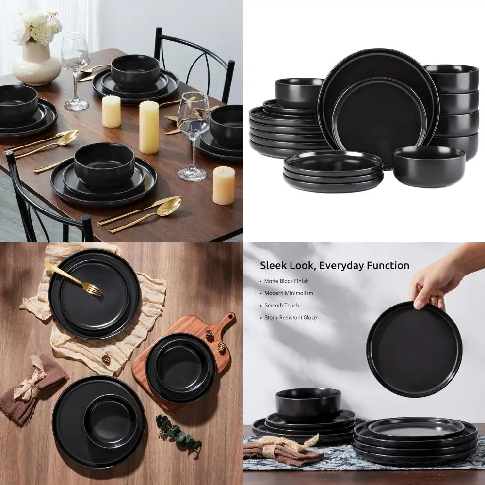 

6-Piece Stoneware Dinnerware Set: 18-Piece Plates and Bowls, Matte Black, Microwave & Dishwasher Safe