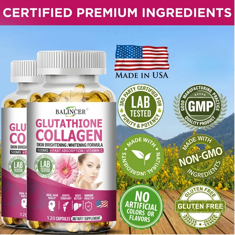 Glutathione 500 Mg Collagen Supplement - Fast Absorbing Vitamin C Hydrolyzed Collagen Antioxidant - Skin Hair Nail Health