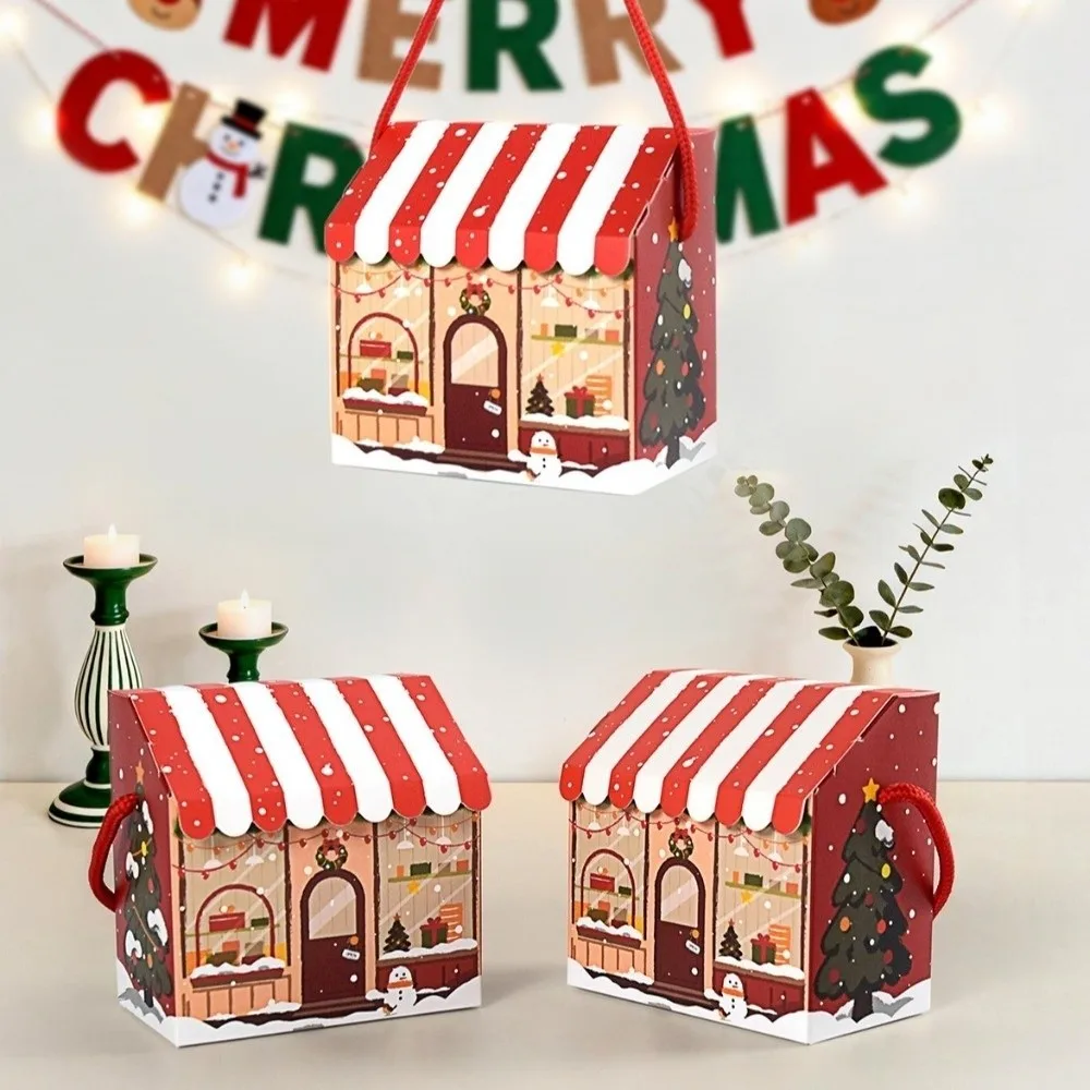 10Pcs House Shaped Christmas House Gift Boxes Snowman Printed With Handles Candy Treat Paper Boxes Red Stripe Roof view 5