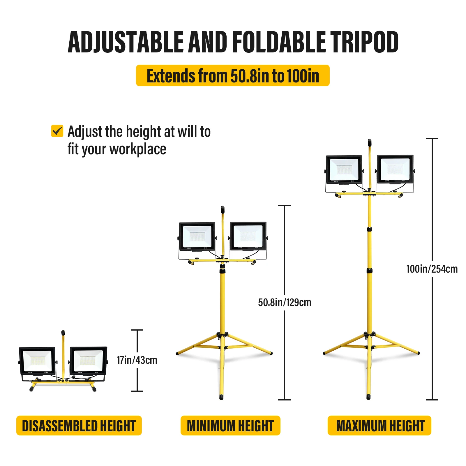 SKYWORLD LED Flood Light 2X100W 5000K led Work Light with 100in Adjustable Metal telescoping Tripod Stand Indoor Outdoor IP66