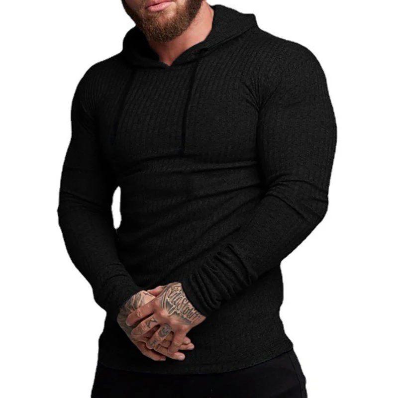 Herren Fitness Slim Fit Hoodie Langarm Pullover Strickwaren Gym Bodybuilding Sport Shirts Einfarbige Gestrickte Gestreifte Kapuzen-T-Shirts