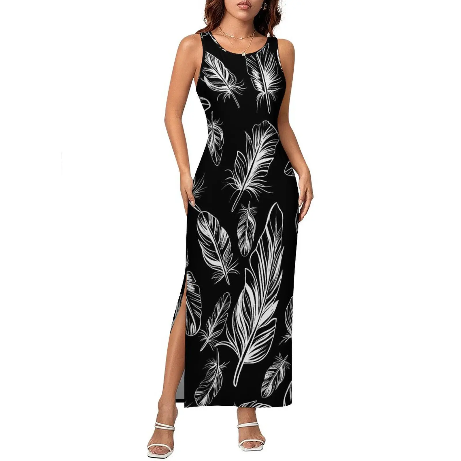 깃털 프린트 드레스 민소매 흑백 스트리트 스타일 맥시 드레스 나이트 클럽 Bodycon 드레스 레이디 디자인 오버 사이즈 의류