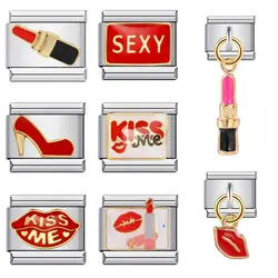 Semkeiyee Kiss Me Lipstick Sexy High Heels Italian Charm Link Bracelet Red Charms Fit 9mm Italian Bracelet Women DIY Jewelry